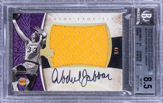 2005-06 UD "Exquisite Collection" Extra Exquisite Autographs #KA Kareem Abdul-Jabbar Signed Game Used Patch Card (#4/5) - BGS NM-MT+ 8.5/BGS 10